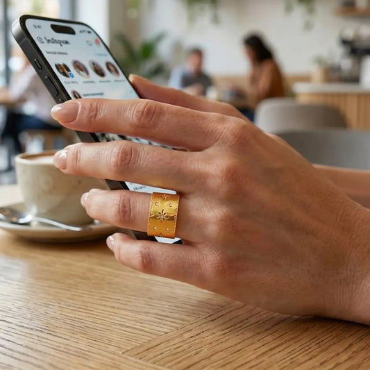 Gros plan d’une bague Aura en acier inoxydable fusion or au doigt d'une femme. Ce bijou large aux fleurs de cristal illumine un instant connecté.