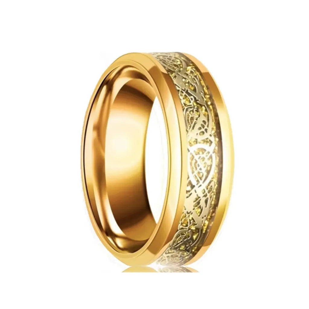 Bague Dragon Celte dorée en acier inoxydable avec motif dragon celtique incrusté.
