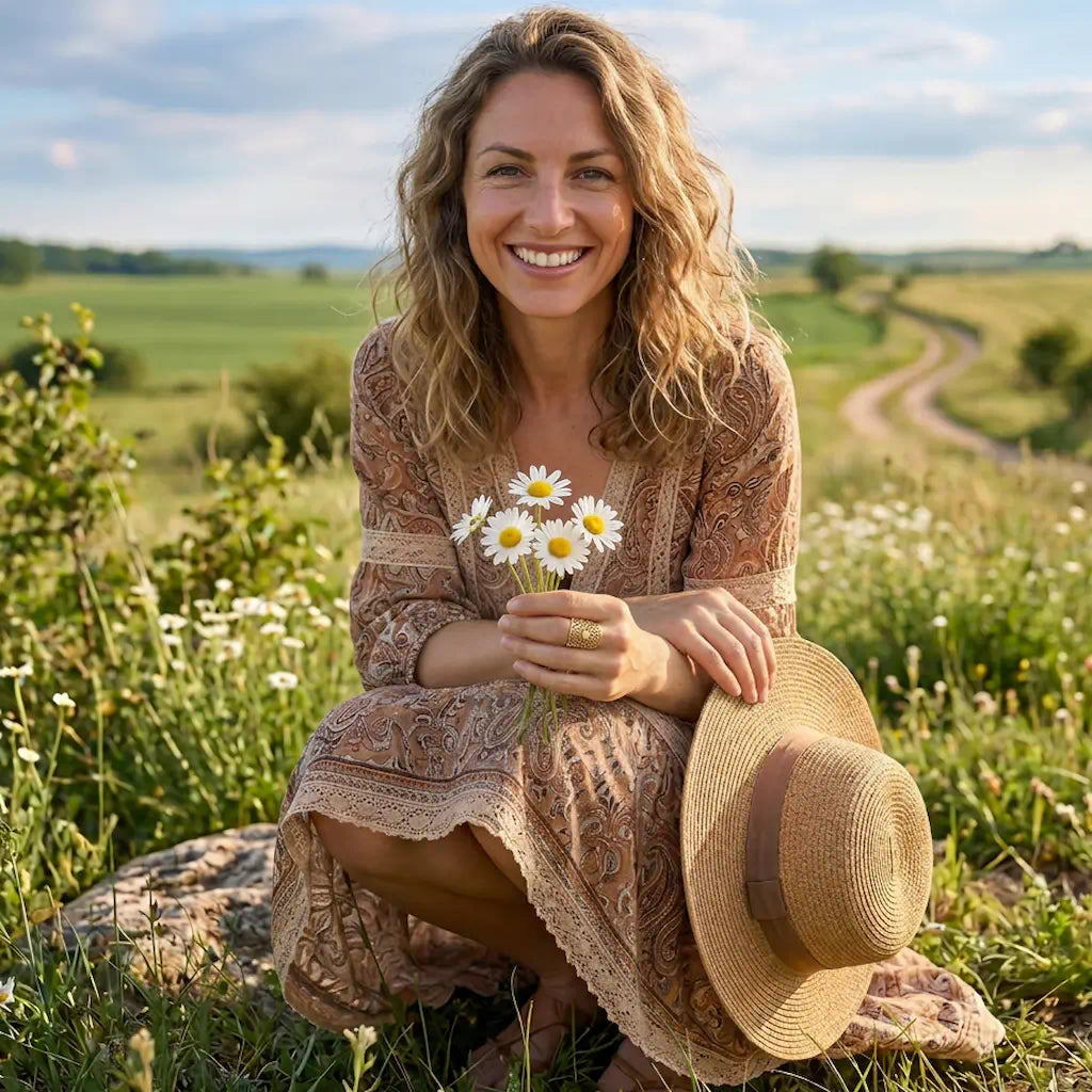Femme robe bohème chic bouquet marguerites bague Lyna acier fusion or large géométrique ajourée cabochon blanc visible doigt campagne ciel nuageux.