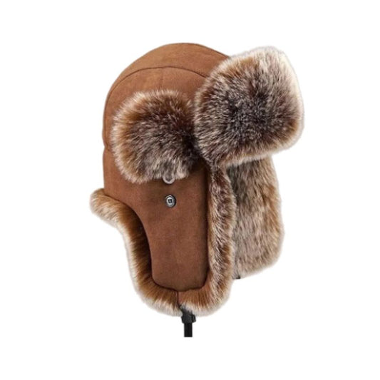 Bonnet bombardier Bader en simili cuir aspect daim et fausse fourrure dense et douce - chapka homme - coloris marron