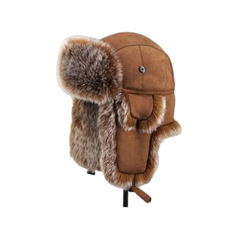Bonnet bombardier Bader en simili cuir aspect daim et fausse fourrure dense - chapka homme - coloris marron