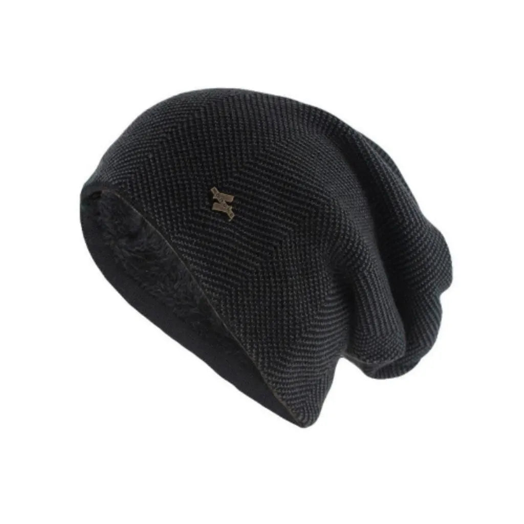 Bonnet Honghe pour homme, coton et laine acrylique avec doublure chaude polyester en peluche douce – coloris noir.