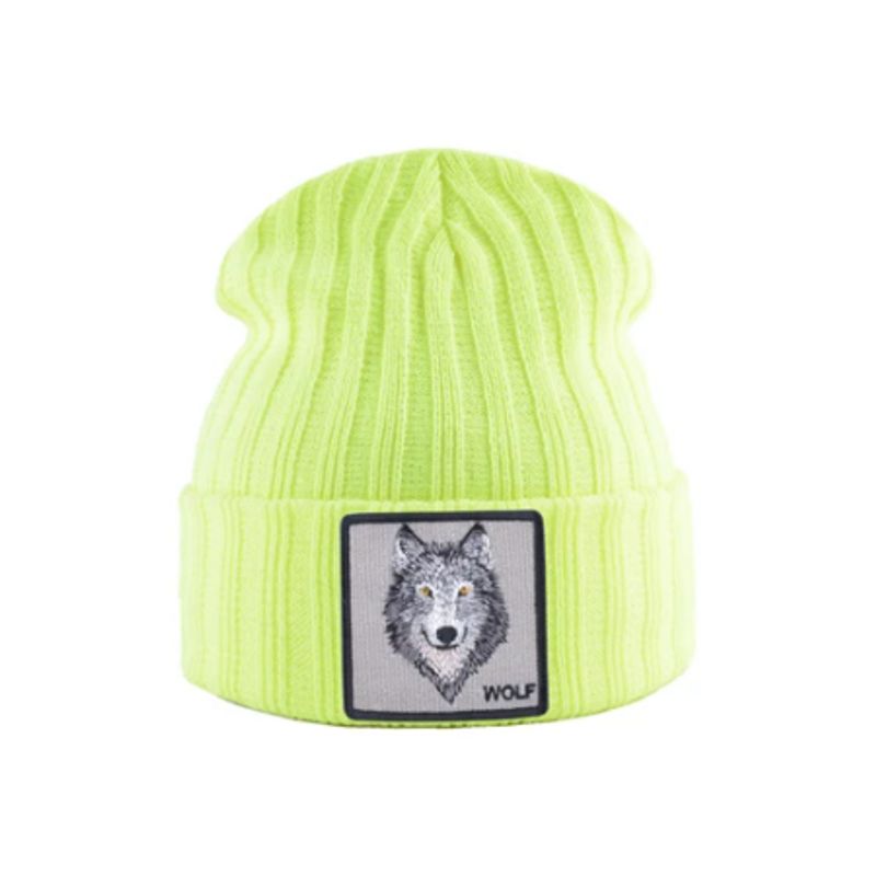 Bonnet Loup en laine acrylique, doux et chaud - écusson brodé Wolf - coloris jaune