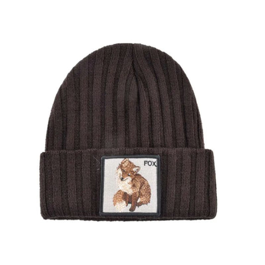 Bonnet Renard en laine acrylique, doux et chaud - écusson carré brodé Fox - coloris marron