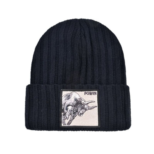 Bonnet Taureau en laine acrylique, doux et chaud - écusson carré brodé Power - coloris noir