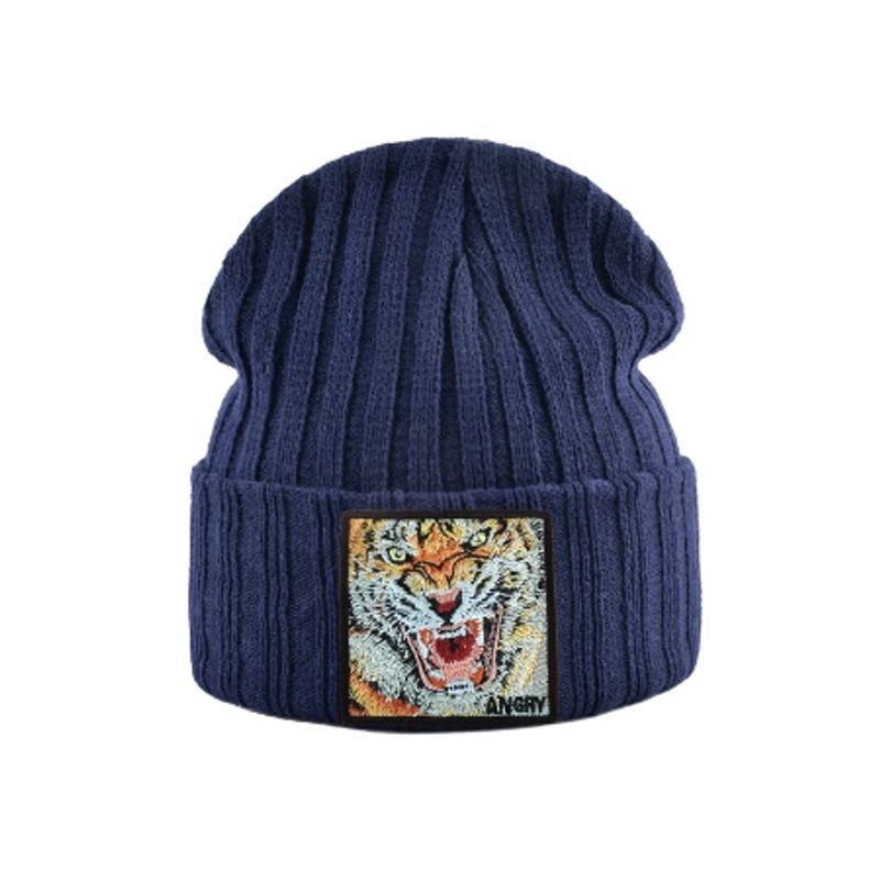 Bonnet Tigre en laine acrylique, doux et chaud - écusson brodé Tigre Angry - coloris bleu marine