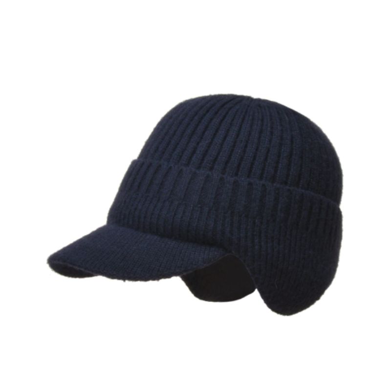 Bonnet à visière Sapporo avec cache-oreilles en laine acrylique - doublure peluche - coloris bleu marine