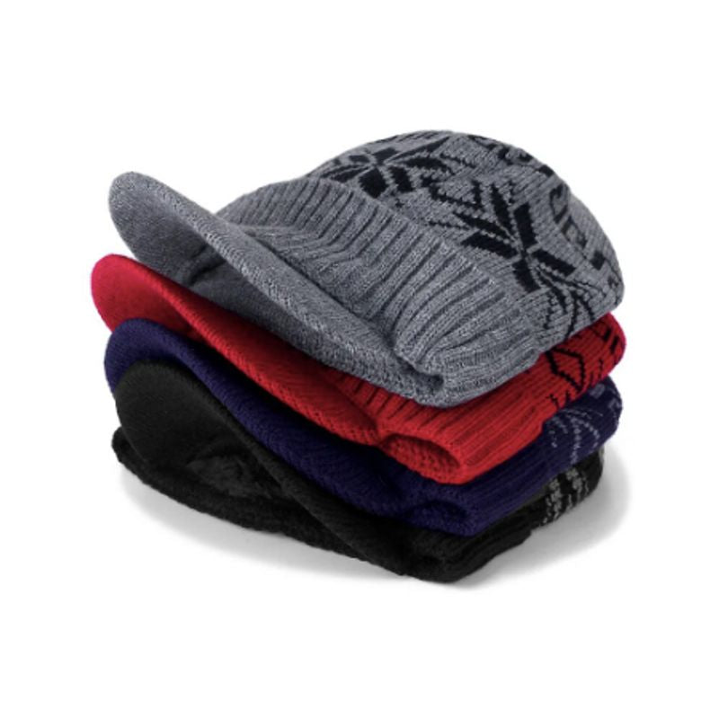 Bonnet à visière, casquette chaude Fargo pour toutes activités d'hiver. Tricoté avec de la laine acrylique de qualité, chaude, douce et extensible pour un ajustement parfait. Un modèle unis avec motif flocon de neige avec le choix de quatre couleurs basiques, le noir, le bleu, le rouge et le gris