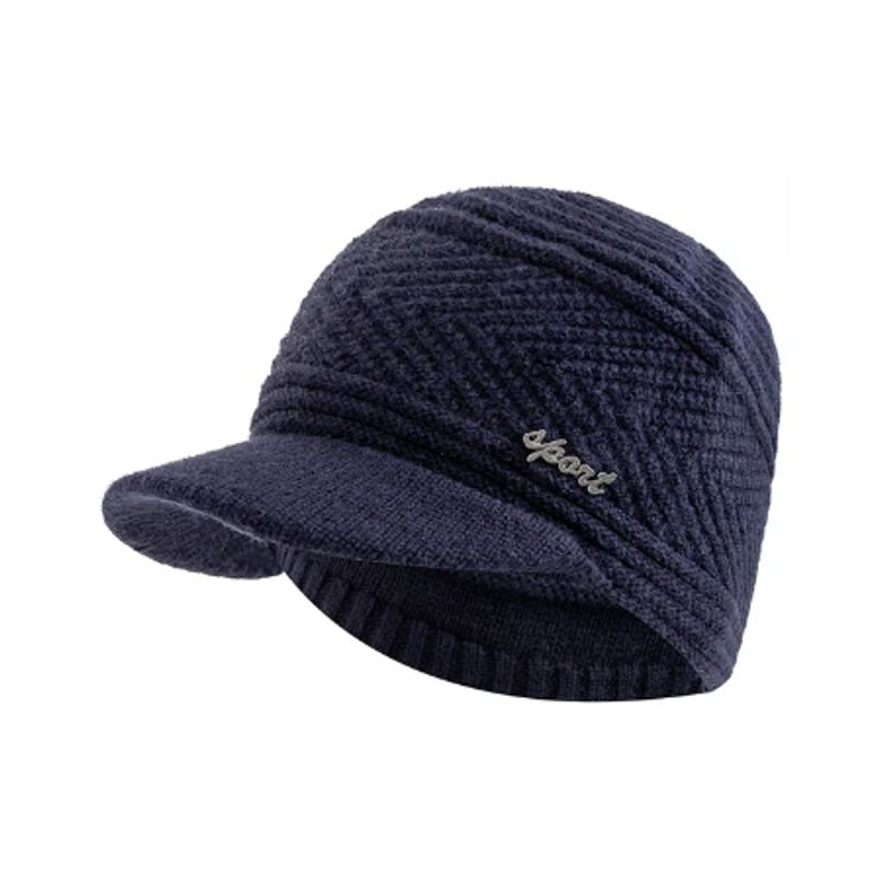 Bonnet à visière Helsinki avec logo sports sur le côté - laine acrylique au motif chevron - coloris bleu marine