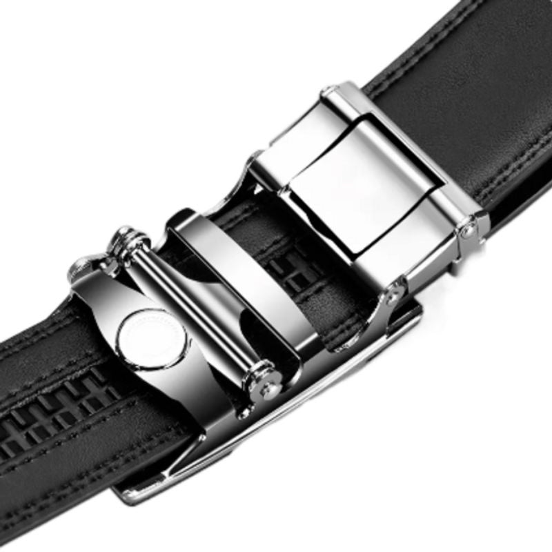 Boucle ceinture en métal robuste avec verrouillage automatique à crémaillère - cuir de vache et métal