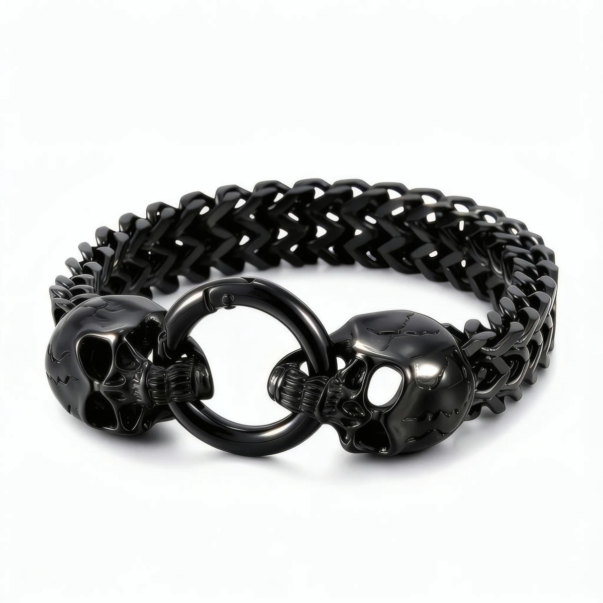 Bracelet homme en acier noir avec tĂȘtes de mort et maille double renard Calavera.