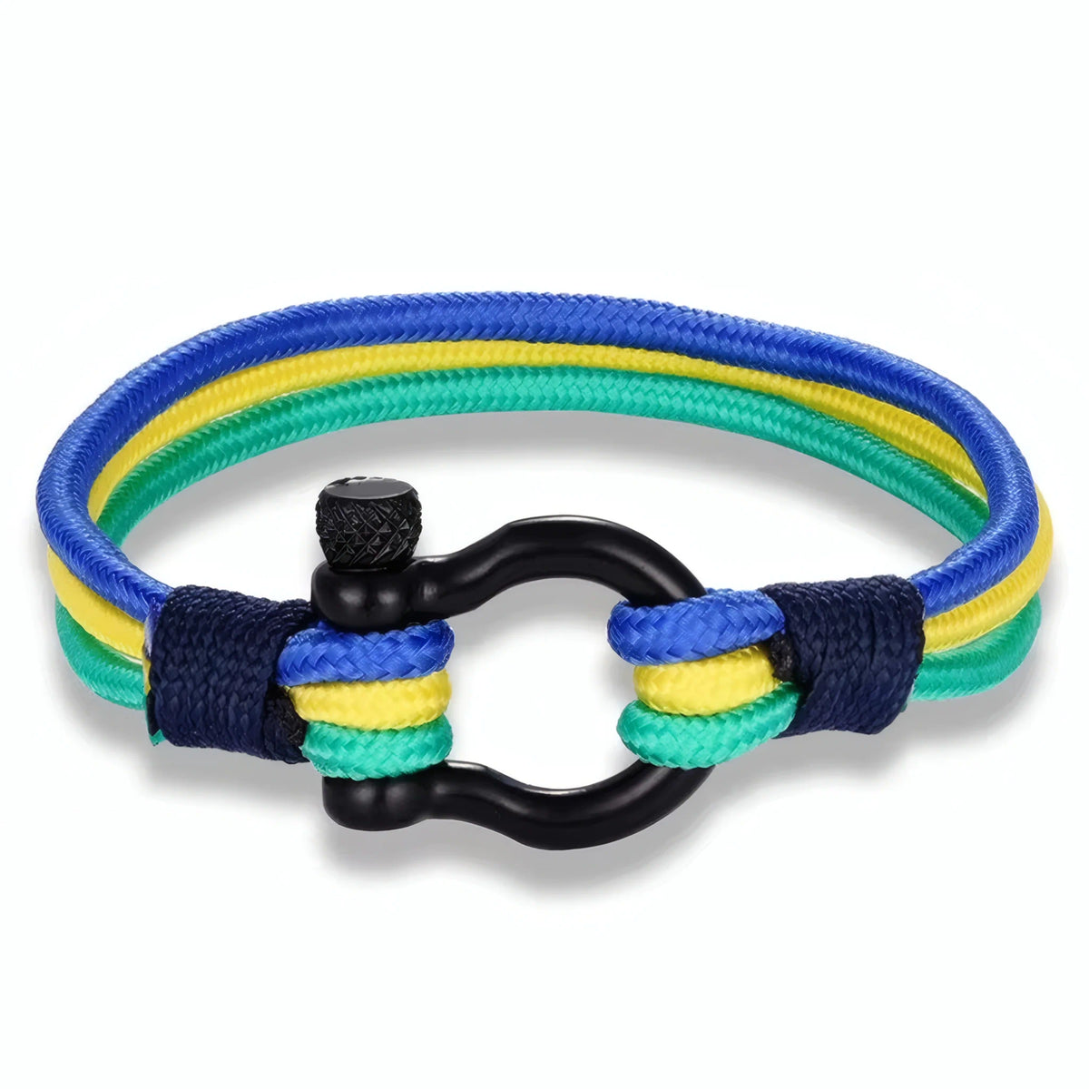 Bracelet Brésil cordon nylon multi-rangs bleu jaune vert fermoir manille acier noir modèle Navarch.