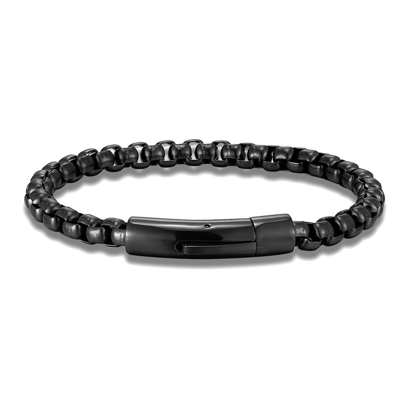 Bracelet avec chaîne à maillons vénitiens de 6 mm en acier inoxydable, son fermoir et un tube clip à ressort - présenté fermé et plat sur un fond blanc - coloris noir