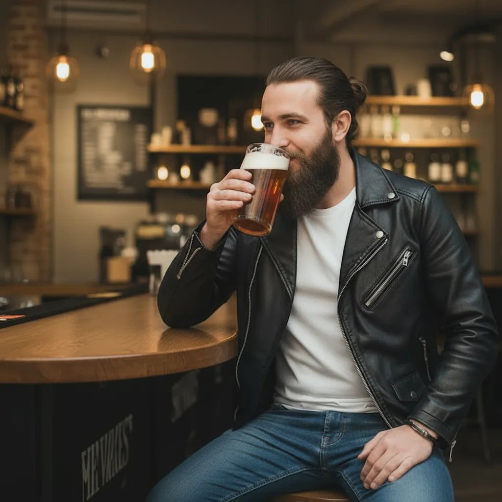 Homme barbu, souriant, buvant une bière au bar. Il porte un blouson en cuir noir et le bracelet Dragon Ouroboros en cuir tressé noir sur son poignet.