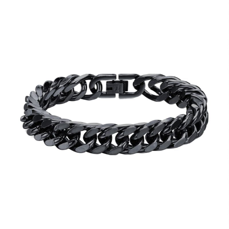 Bracelet gourmette à maillons cubains de quinze millimètres avec fermoir sécurisé en acier inoxydable - coloris noir