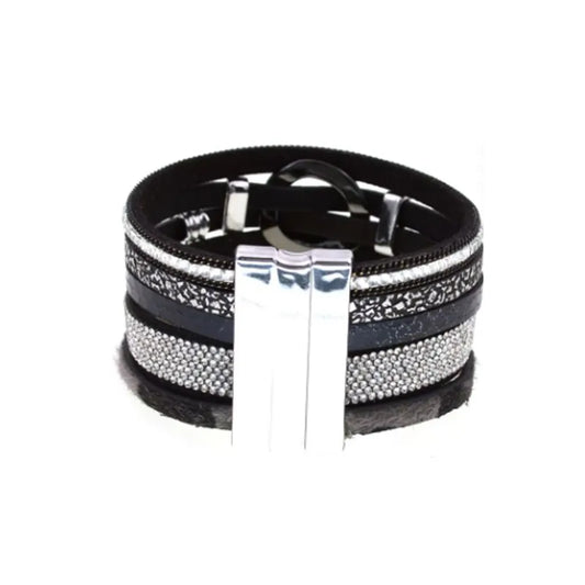 Bracelet Hibou multi-rangs en cuir microfibre, vue dos : fermoir magnétique argenté, bandes noires, strass et imprimé léopard discret.