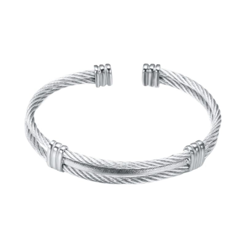 Bracelet manchette avec câble en acier inoxydable - jonc torsadé pour homme - coloris argent