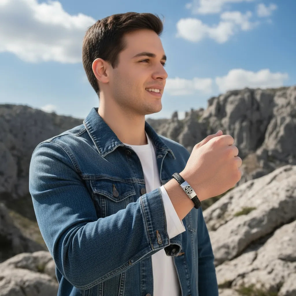 Jeune homme souriant en jean, de profil, arborant le bracelet Croix Pattée, cuir et fermoir argenté sur fond rocheux.