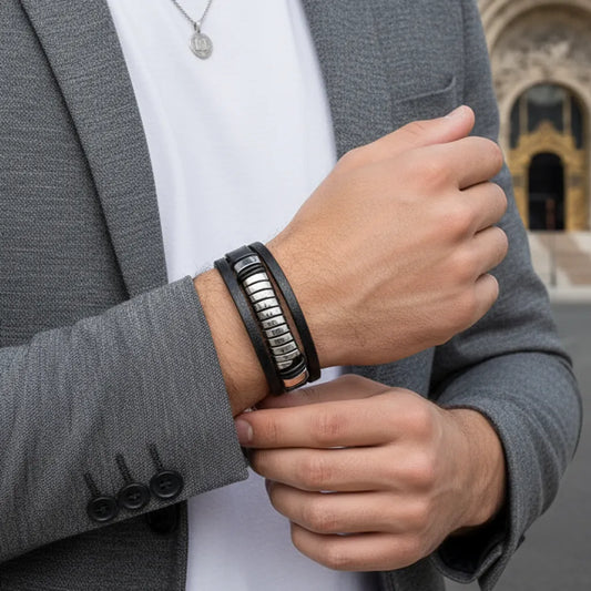 Très gros plan. Le bracelet Torus cuir texturé noir au poignet, poing fléchi. Un ressort acier qui insuffle le dynamisme devant le Grand Palais.