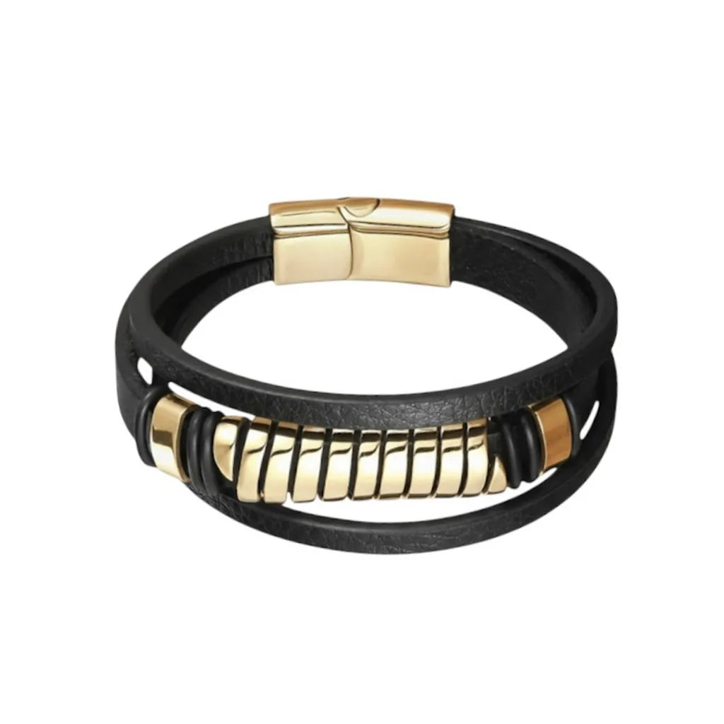 Gros plan. Le ressort acier doré éclatant sur le bracelet Torus. Un design multi-rangs qui canalise l'énergie.