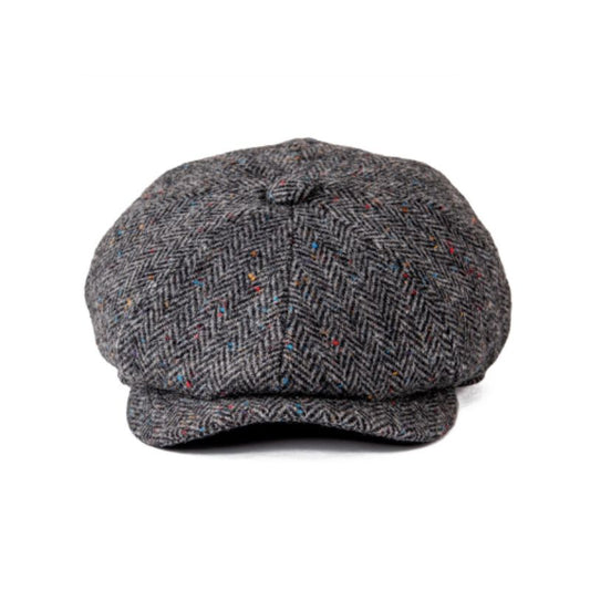 Vu de face de la casquette irlandaise Bulger - Béret à visière avec chevrons mouchetés en laine mélangée de qualité - homme élégant - coloris gris anthracite