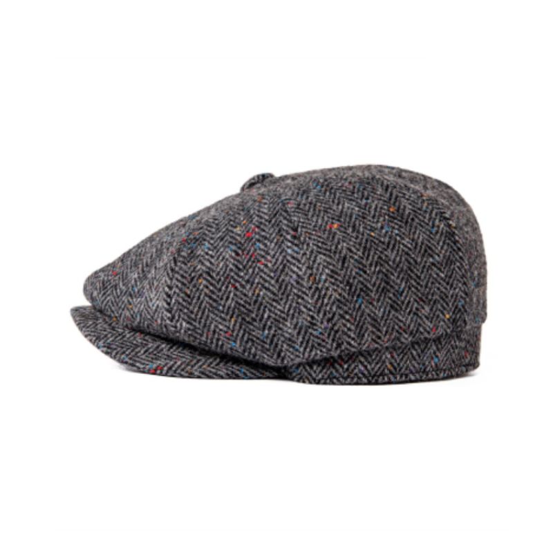 Vu de profil de l'élégante casquette irlandaise Bulger - Béret à visière avec chevrons mouchetés en laine mélangée de qualité - homme - coloris gris anthracite