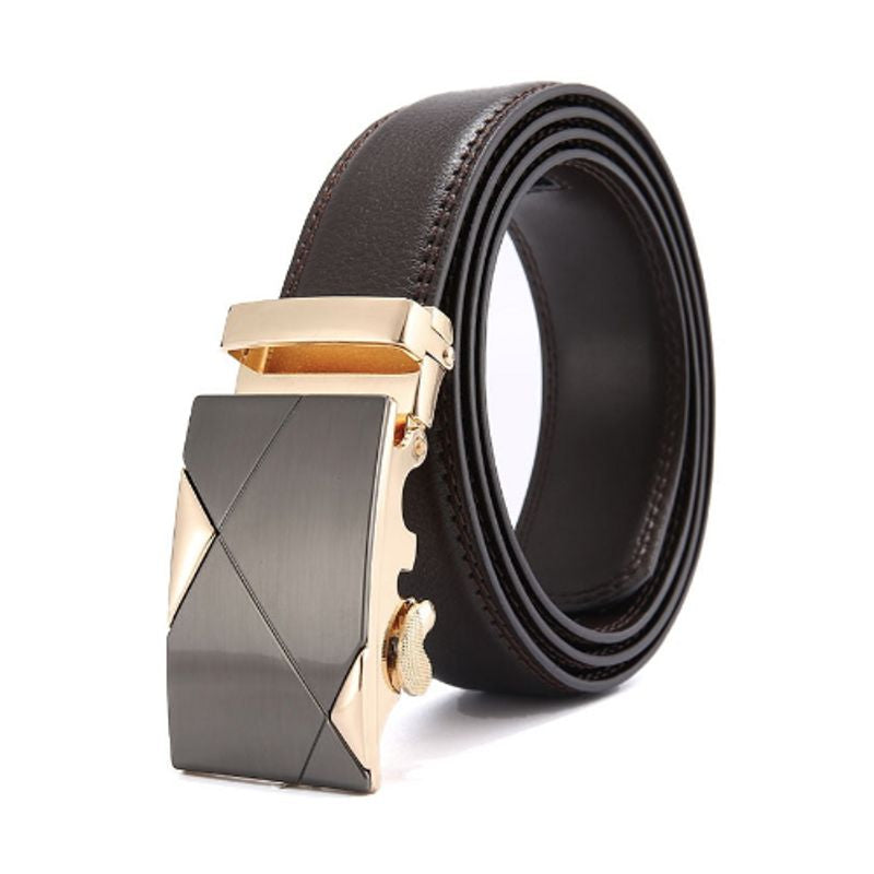 Ceinture en cuir marron Arnaud avec boucle rectangulaire à verrouillage automatique pour homme - coloris or et gris