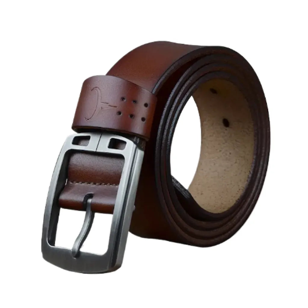 Ceinture pour homme en cuir de vache avec large passant avec marquage au fer de l'emblème de la marque Cowather. Boucle ardillon en métal argenté – coloris marron.