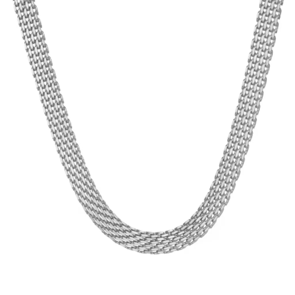 Collier argenté en maille résille, design élégant et intemporel en acier inoxydable brillant.