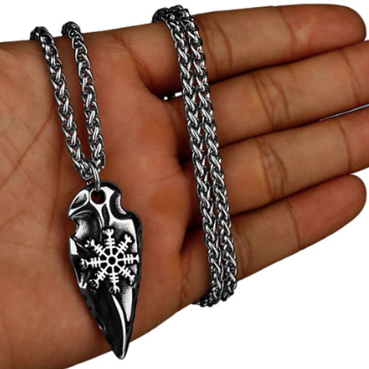 Collier celte Viking Gungnir - pointe de lance d'Odin avec boussole Vegvisir en acier pour homme - couleur argent