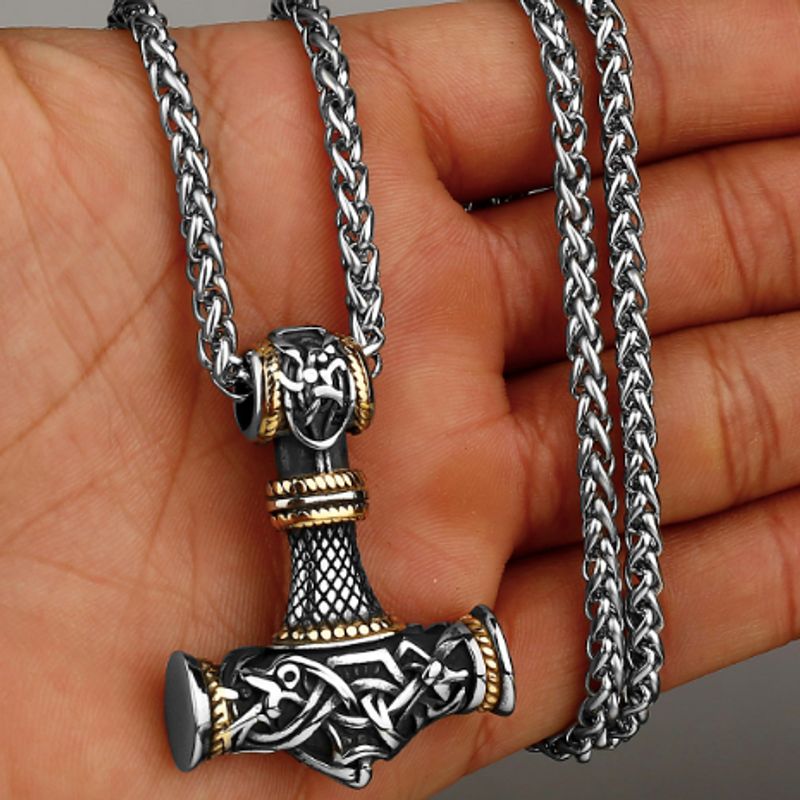 Collier celtique Viking avec chaine nordique - pendentif amulette représentant le marteau de Thor - acier inoxydable coloris argent et or