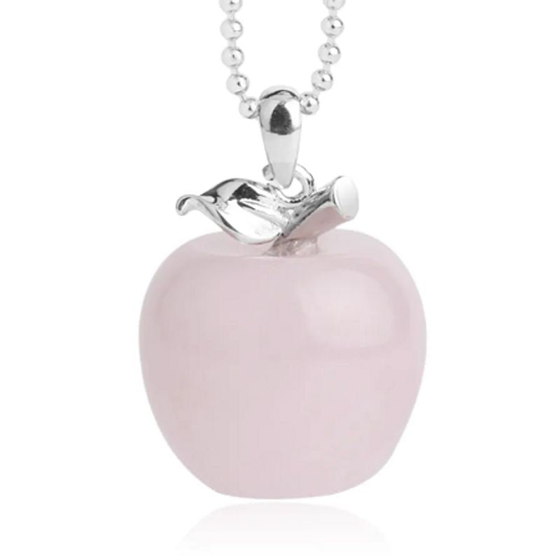 Collier avec chaine à bille en métal argenté - pendentif en forme de pomme en pierre naturelle Quartz de coloris rose