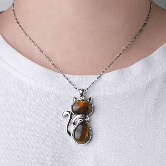 Collier chaine à bille avec pendentif Chat Rock en métal argenté et pierre fine œil de tigre - coloris jaune