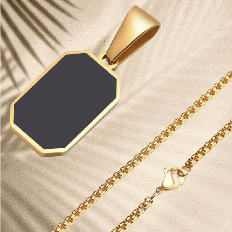 Pendentif géométrique de forme octogone rectangle en émail noir et acier inoxydable - chaine vénitienne avec fermoir homard en acier 316L - coloris or