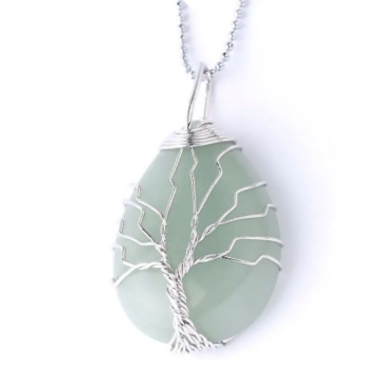Collier pendentif avec arbre de vie en métal plaqué platine sur pierre naturelle aventurine de forme goutte d'eau - coloris vert - chaine à billes