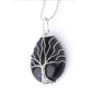 Collier pendentif avec arbre de vie en métal plaqué platine sur pierre naturelle onyx de forme goutte d'eau - coloris noir - chaine à billes