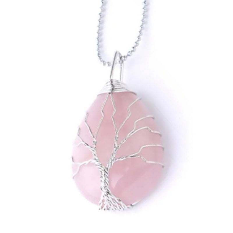 Collier pendentif avec arbre de vie en métal plaqué platine sur pierre naturelle quartz de forme goutte d'eau - coloris rose - chaine à billes