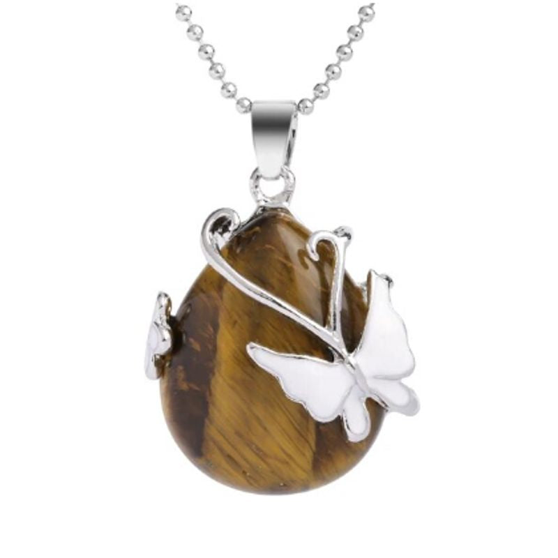 Collier avec pendentif goutte d'eau avec papillon et fleur plaqué platine - pierre naturelle Œil de tigre de couleur jaune - chaine à bille argenté