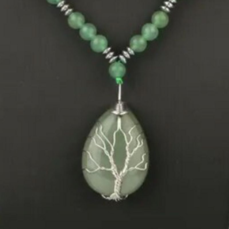 Collier pour femme arbre de vie à perles avec pendentif en pierre naturelle aventurine verte et fil en métal argenté pour femme