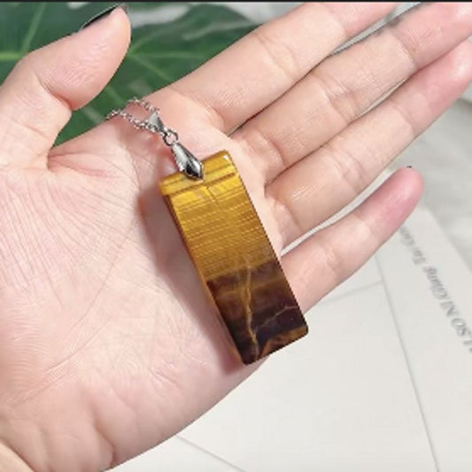 Collier Reiki an acier inoxydable, pendentif de forme rectangle en pierre naturelle œil de tigre jaune