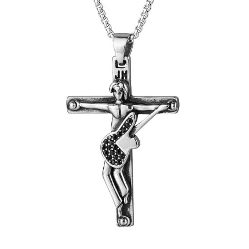Collier Rock JH avec pendentif Ă croix crucifix et guitare - acier inoxydable et zircone - coloris noir et argent