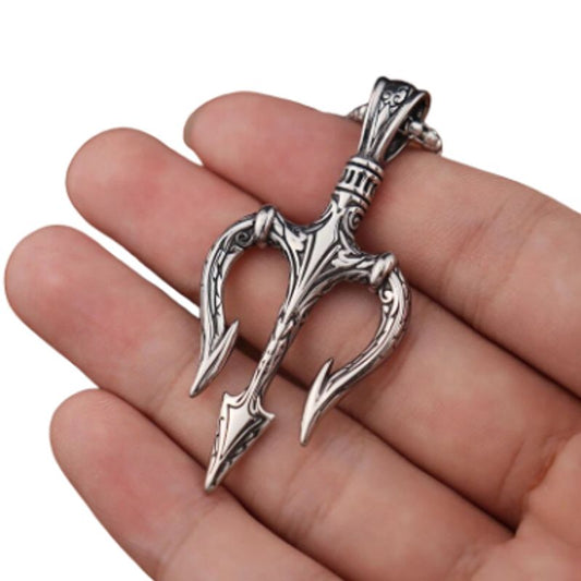 Collier symbole de la mythologie grecque avec pendentif trident de Poseidon en acier inoxydable - coloris argent