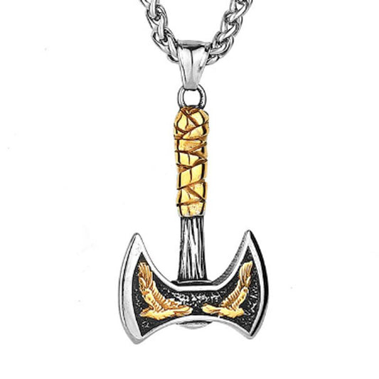 Collier Viking avec chaine et pendentif Labrys - corbeaux messagers de Odin en acier inoxydable - coloris or et argent
