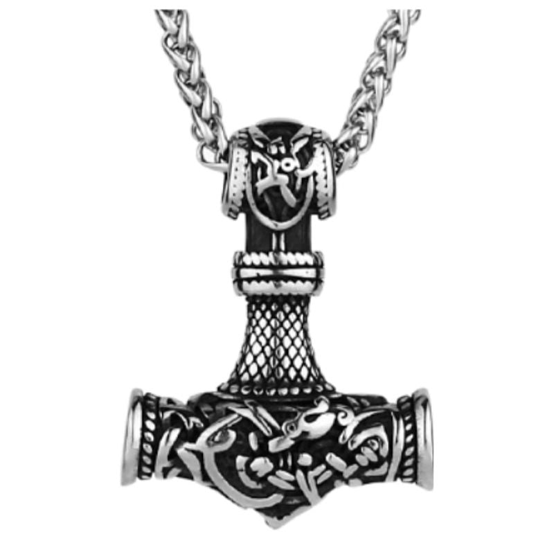 Collier Viking avec chaine Spiga -pendentif nordique marteau de Thor en acier inoxydable - coloris argent