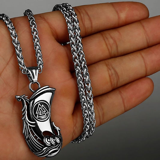 Collier Viking langskip - bateau drakkar avec proue à tête de dragon - Valknut - homme - acier inoxydable de couleur argent