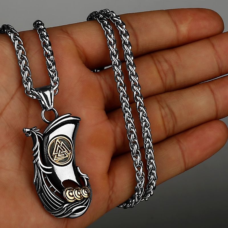Collier Viking langskip - bateau drakkar avec proue à tête de dragon - Valknut - homme - acier inoxydable de couleur argent et or