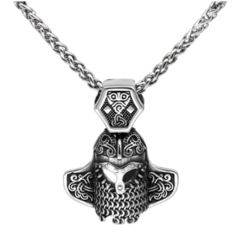 Collier Viking avec chaine et pendentif talisman casque nordique Gjermundbuen en acier inoxydable - coloris argent