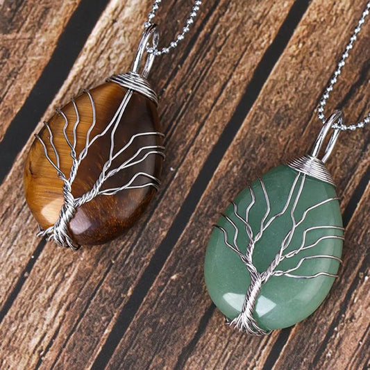 Colliers pendentif goutte d'eau en pierre naturelle et arbre de vie en métal plaqué platine - photo deux pendentifs, un œil de tigre jaune, l'autre aventurine verte - chaine à billes argenté