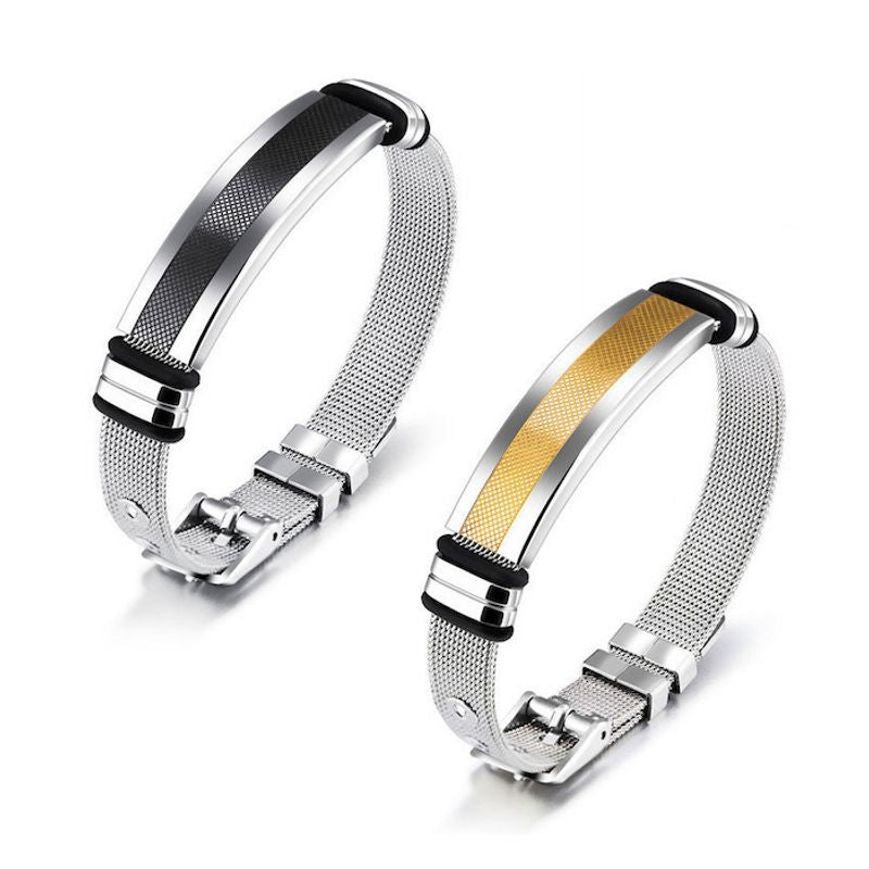 Vue de deux bracelets avec boucle ardillon - maille milanaise en acier argenté - coloris or ou noir
