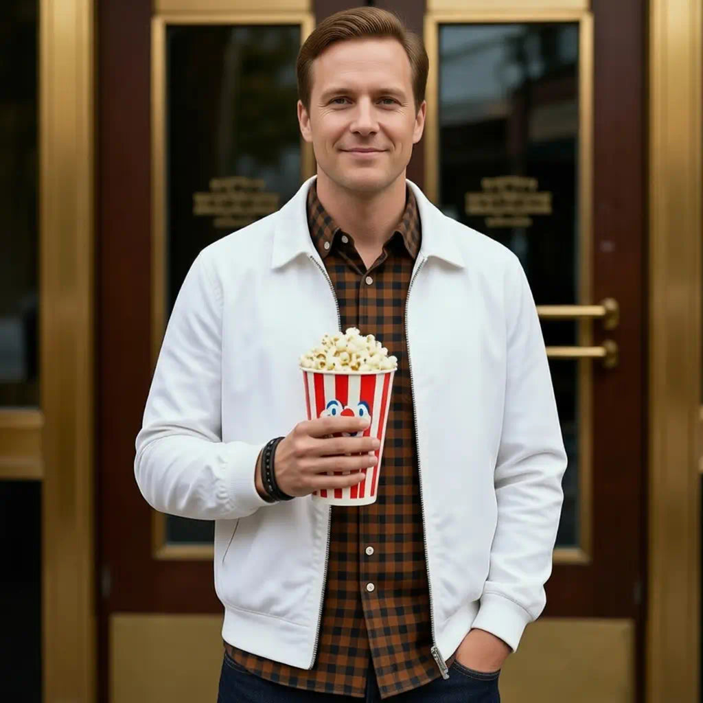 Homme en blouson blanc arborant le bracelet Oris avec assurance. La pièce en cuir multi-rangs et pierres fines noire complète une tenue décontractée, capturée en plein hall de cinéma avec ses portes vitrées.